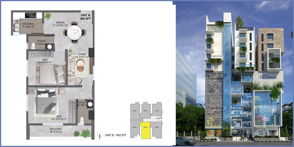 Al-Aksha BMA Tower 2 Bed 8th Floor Unit B 950 SFT